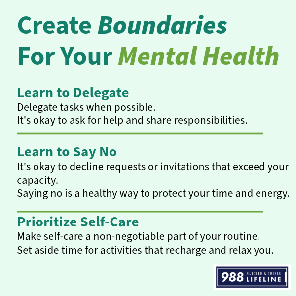 samhsagov's tweet photo. Creating boundaries for #MentalHealth is crucial for well-being and preventing burnout. Here are steps to establish and maintain healthy boundaries: 
✅ Delegate
✅ Learn to say no
✅ Prioritize self-care

If you need emotional support, visit https://t.co/Tq7I6M0ePj #988Lifeline https://t.co/ys4rlgGlqY