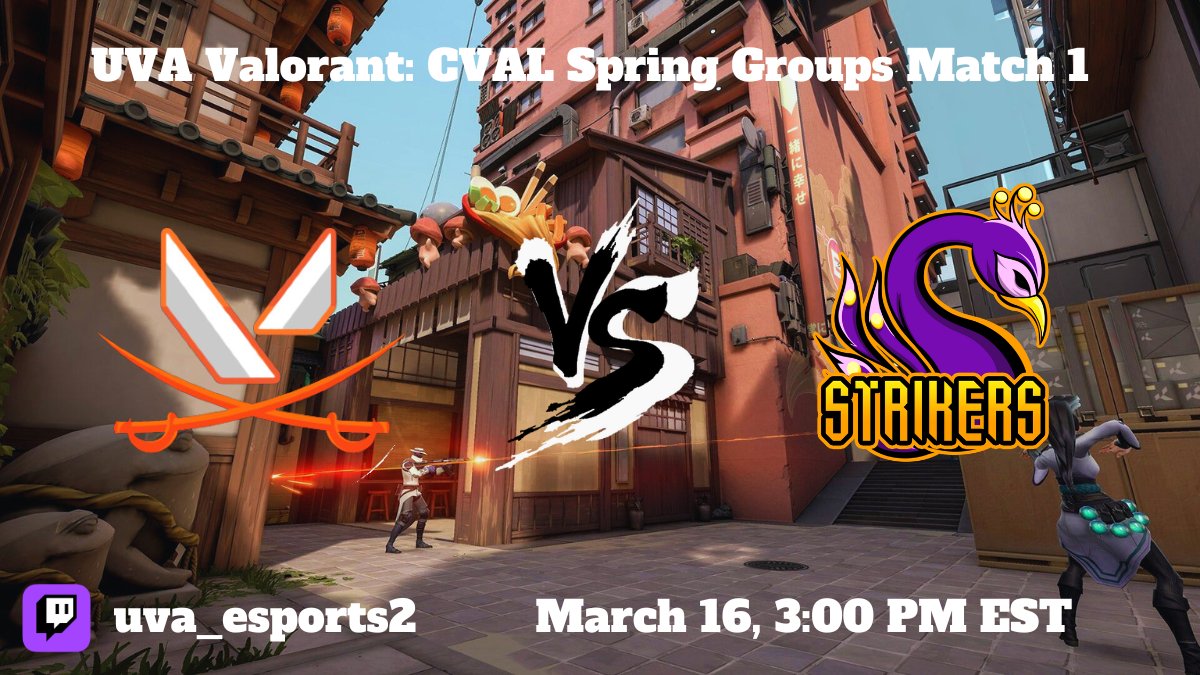 🚨MATCH ANNOUNCEMENT🚨

We'll be kicking off our Spring CVAL season in 30 minutes!

Catch Varsity VAL play our first group match of the season vs <a href="/CCS_Esports/">CCS Esports</a> at twitch.tv/uva_esports2!

This is our first stream on the channel, so be sure to follow for more CVAL matches.