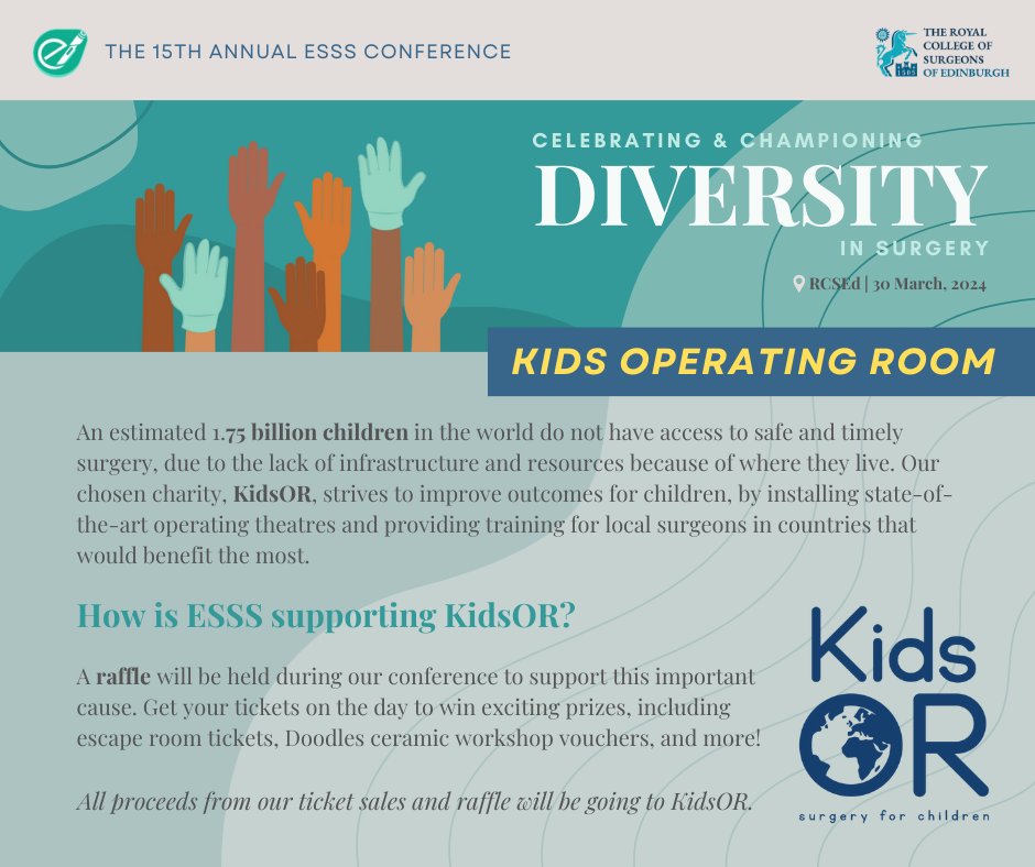 📢 All proceeds from conference ticket and raffle sales will be donated to @KidsOperating 👀 Find out more about their great work: kidsor.org 📅 March 30th, RCSEd 🎟️ Get your tickets here: share.medall.org/events/esss-15… #ESSS2024