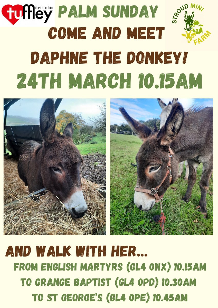 We are delighted to have a donkey with us again on Palm Sunday, and to be able to make it into a joyful walk of witness between some of the churches in Tuffley #EnglishMartyrs #GrangeBaptist <a href="/GlosDioc/">The Diocese of Gloucester</a> <a href="/churchofengland/">The Church of England</a>