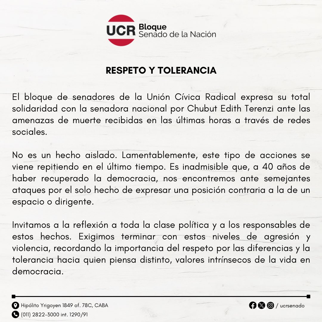 📝 Comunicado del #BloqueUCR ante las amenazas hacia la senadora nacional por #Chubut <a href="/EdithTerenzi/">Edith Terenzi</a>.

#UCR #Senado #Argentina