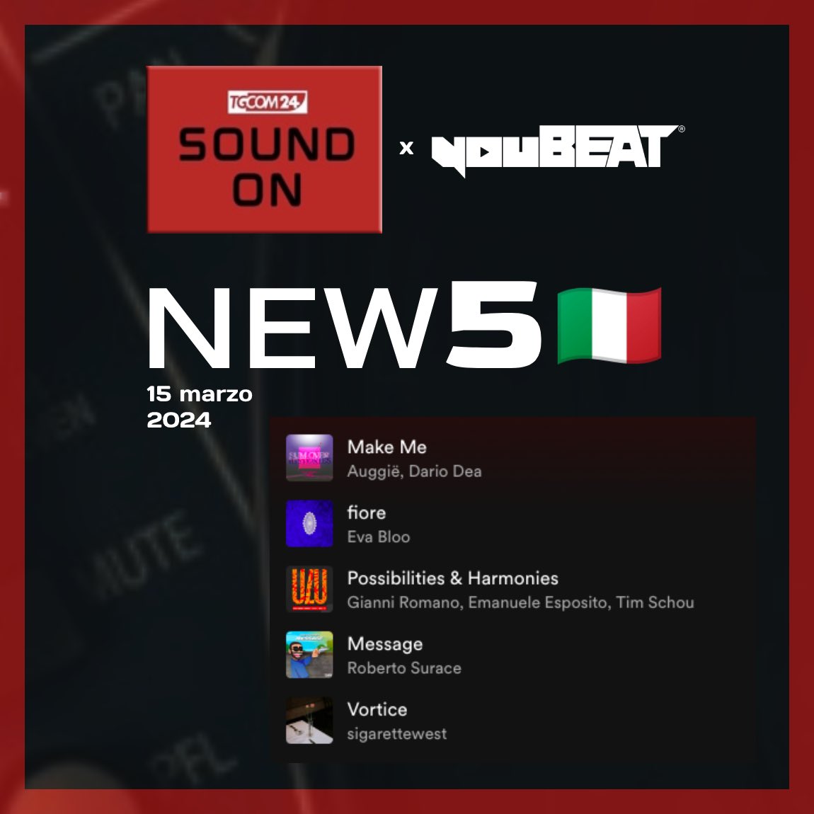 youBEATmusic's tweet photo. 🇮🇹#NEW5 con #SoundOn #Tgcom24 • 15 Marzo 2024 🎶🆕
Ogni venerdì, i 5 nuovi singoli di artisti italiani con le vibes dance/elettroniche più cool!
✨ #AUGGIË #DarioDea #EvaBloo #GianniRomano #EmanueleEsposito #TimSchou #RobertoSurace #SigaretteWest
▶️ https://t.co/6mxjXMgdlu https://t.co/nVsMEnLFmw