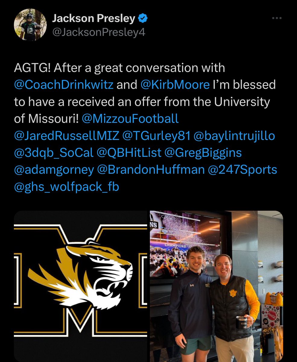 Congrats @JacksonPresley4 on the @MizzouFootball offer!!! We get #offers & #results at Torigurley.com Sign Up Now!!!