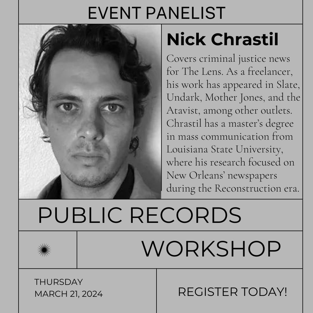 TheLensNOLA's tweet image. Don't forget to reserve your spot for our upcoming Public Records Workshop focusing on criminal justice. By teaching people what kinds of records are available and how to get them, we’re giving them tools to hold their government agencies accountable.

🎟️ buff.ly/49UKA7Q