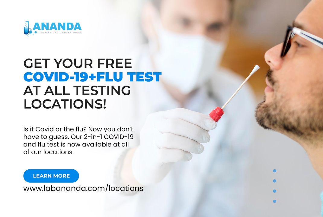 AnandaLabs's tweet photo. GET YOUR FREE COVID-19 + FLU TEST AT ALL TESTING LOCATIONS!
Is it Covid or the flu? Now you don’t have to guess. Our two-in-one COVID-19 and flu test is now available at all of our locations and will give you the answers you’re looking for.

Learn More: https://t.co/dx4RXblhr2 https://t.co/wDWhk8jrv0