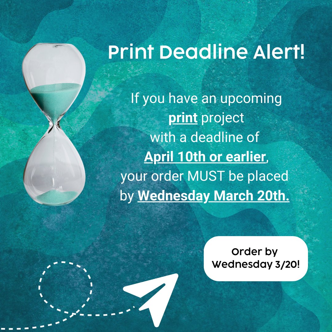 cwprintdesign's tweet photo. 📢 Print Deadline Alert! 📢 

If you are working on an upcoming print project and you have a deadline of April 10th or earlier, you must place your order by Wednesday 3/20. 

Let's chat more if this is going to impact your project. https://t.co/M4tLxyP9eZ
