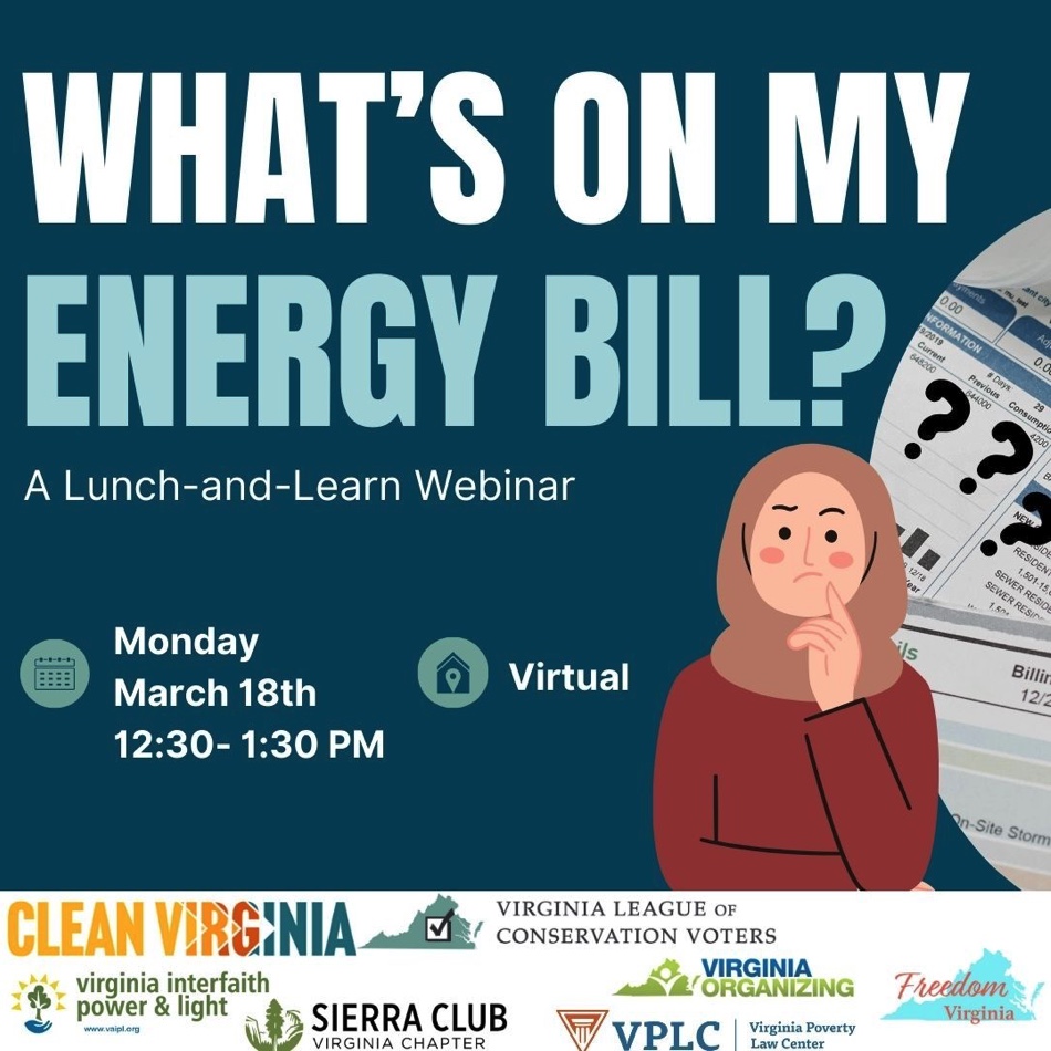 Ever wonder what's going on with that long list of charges on your energy bill? Join @VirginiaLCV and partners for a webinar on Monday, 3/18 to hear @SenatorHashmi, Senator @LashrecseAird and Delegate @PhilforVirginia unpack these issues. Register: brnw.ch/21wHVZ6