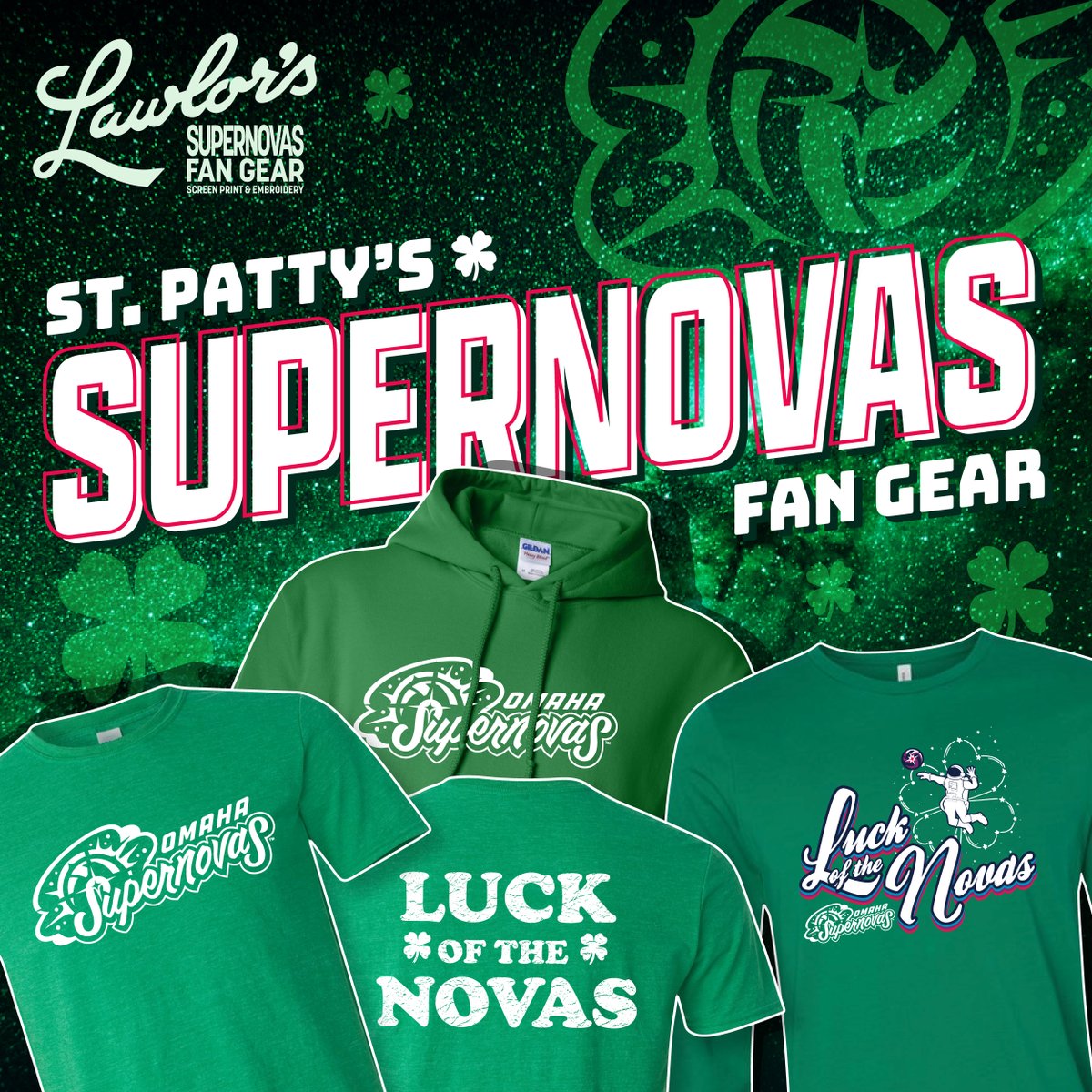 LawlorsCustom's tweet image. 🍀 Luck of the Novas! 🍀 Lawlor's has your St. Patrick's Day Supernovas gear. @OmahaSupernovas  #StPatricksDay #LuckOfTheNovas #NeProVb
Check 'em out 👉lawlorscustom.com/supernova