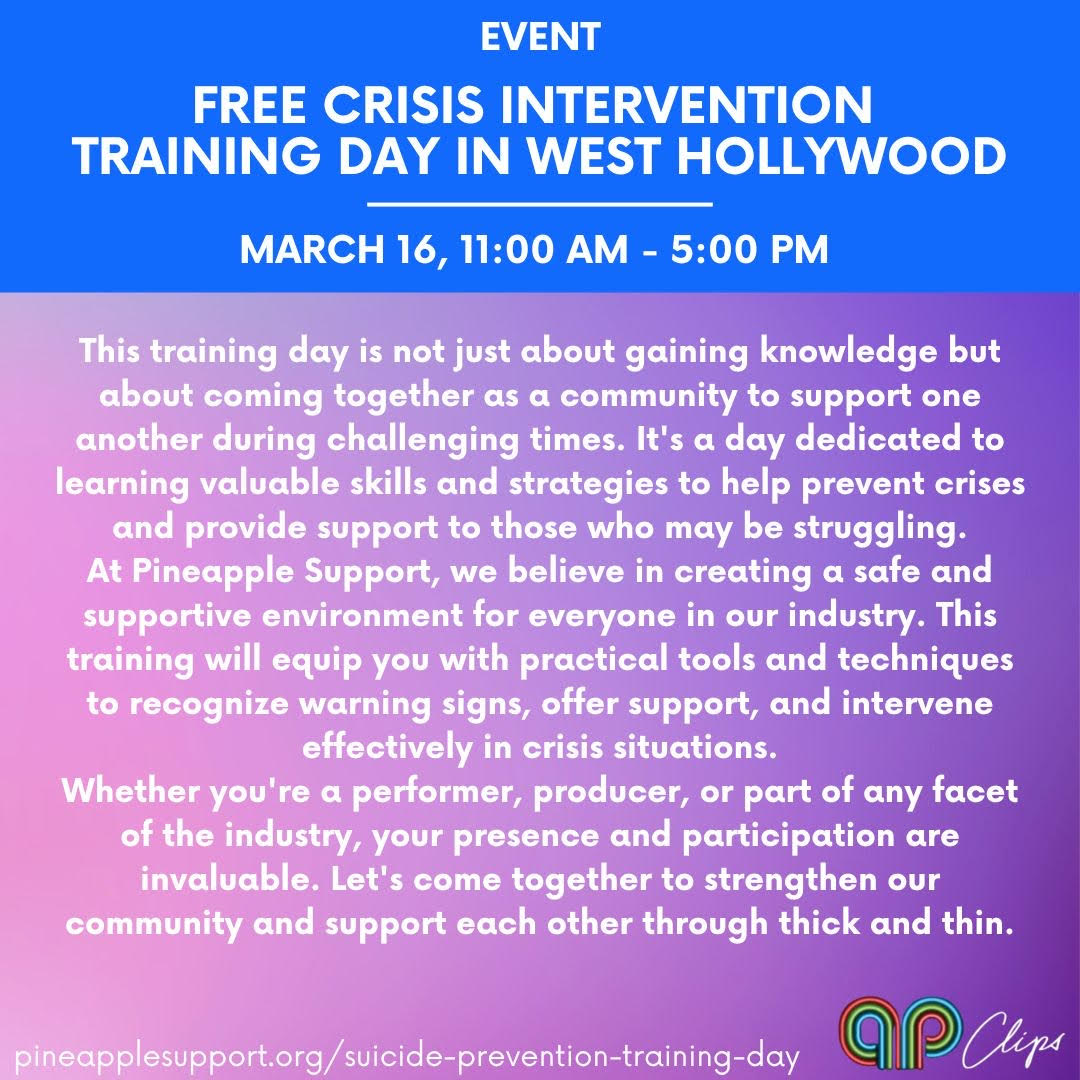 If you’re in West Hollywood, come join our Crisis Intervention Training Day and learn how to be a source of. hope and support for those around you 💙 Together we are stronger!

RSVP: pineapplesupport.org/suicide-preven…

Sponsored by @RealAPClips

#crisisintervention #adultcommunity