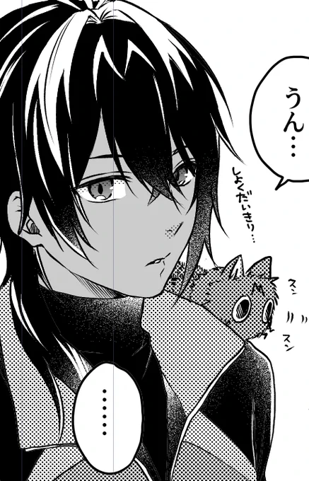 この火車切くん、めちゃくちゃ好きな感じに描けた顔なんだけど、フード描き忘れていることを今のうちに白状しておきますね…立ち襟描いてるうちに頭からすっぽ抜けるフードの存在… 