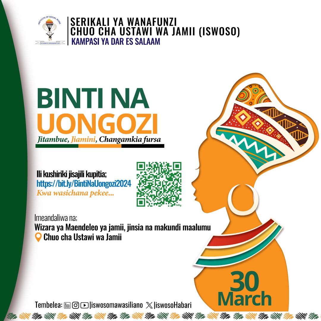 Kama wewe ni Binti Mwanachuo hii siyo yakukosaa. 
Anza sasa kujisajili kupitia link:  bit.ly/BintiNaUongozi… 
au Scan QR Code kujiunga.

#jitambuejiaminichangamkiafursa 
#ChuochaUstawiwaJamii