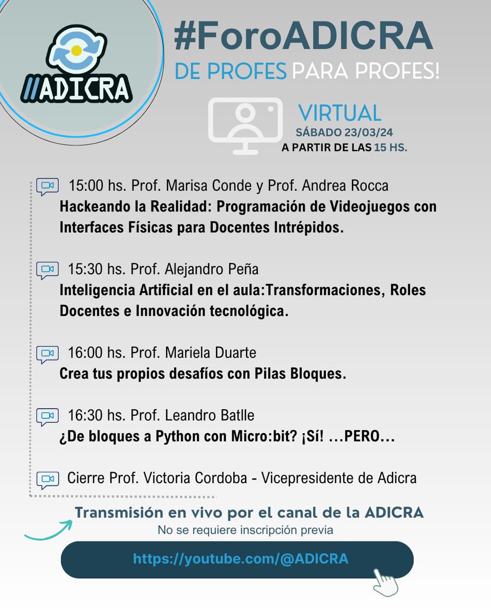 mmd_73's tweet photo. El 23 de marzo a partir de las 15 hs se realiza el #ForoADICRA . A las 16 hs estaré compartiendo como "Crear tus propios desafíos con Pilas Bloques" ¡Los esperamos! https://t.co/s7fkxQJxuS