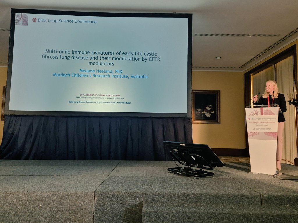 Dr. Melanie Neeland @melanie_neeland presenting exciting data on the effect of #CFTR modulators on immune signatures in early-life #CysticFibrosis, in the @EarlyCareerERS Young Investigator Session at the @EuroRespSoc #LSC2024 in #Estoril 🇵🇹 today.