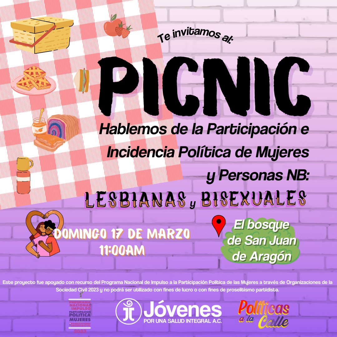 ¡Invita a tus amixes a nuestro próximo PICNIC 🧺✨! Únete a la conversación para hablar sobre participación e incidencia política de lesbianas y bisexuales 💬❤️🩷🧡🤍💙🩷💜 Te esperamos, caile al Bosque de San Juan de Aragón este Domingo a las 11:00 📍