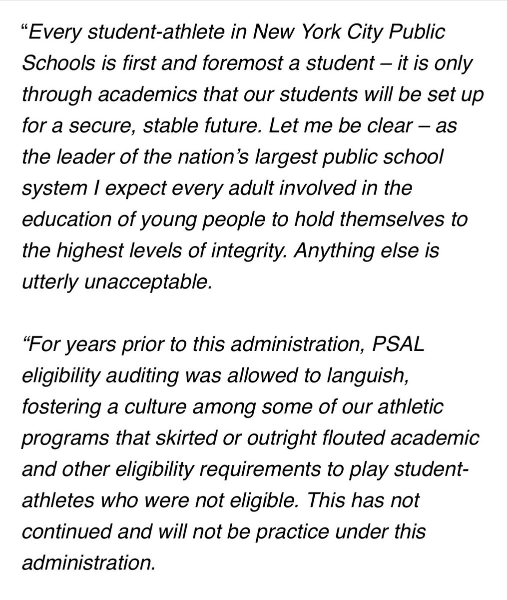 gregthompson27's tweet image. BREAKING - DOE Chancellor David Banks has released a statement on the PSAL 

"Adults put the long-term future of young people second for momentary high school glory on the court. These adults are not helping students, they are only helping themselves.”

Hints more could be coming