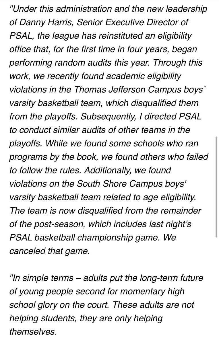 gregthompson27's tweet image. BREAKING - DOE Chancellor David Banks has released a statement on the PSAL 

"Adults put the long-term future of young people second for momentary high school glory on the court. These adults are not helping students, they are only helping themselves.”

Hints more could be coming