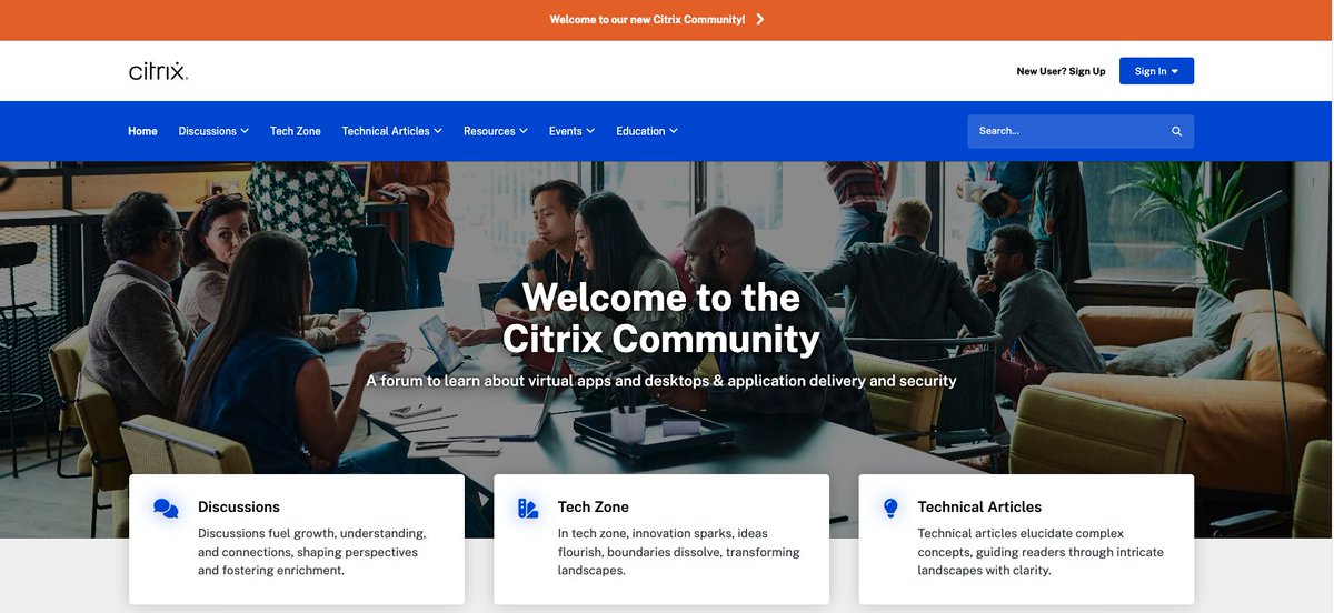 Don't forget to check out the new Citrix community site! You can find: ✅ Discussions ✅ Community articles ✅ #CitrixTechZone posts ✅ Events & webinars .. and more! Start exploring. spr.ly/6019XeEtc