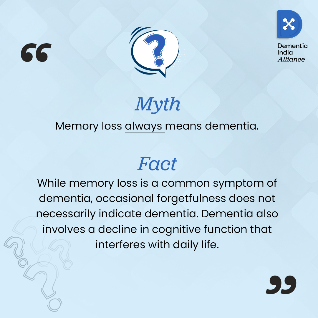Let's debunk a common misconception: occasional forgetfulness ≠ dementia. While memory loss is a symptom, dementia goes beyond that, impacting daily life.

#DementiaFacts #DementiaAwareness #DementiaIndia #DementiaMyths #DementiaCommunity #DIA