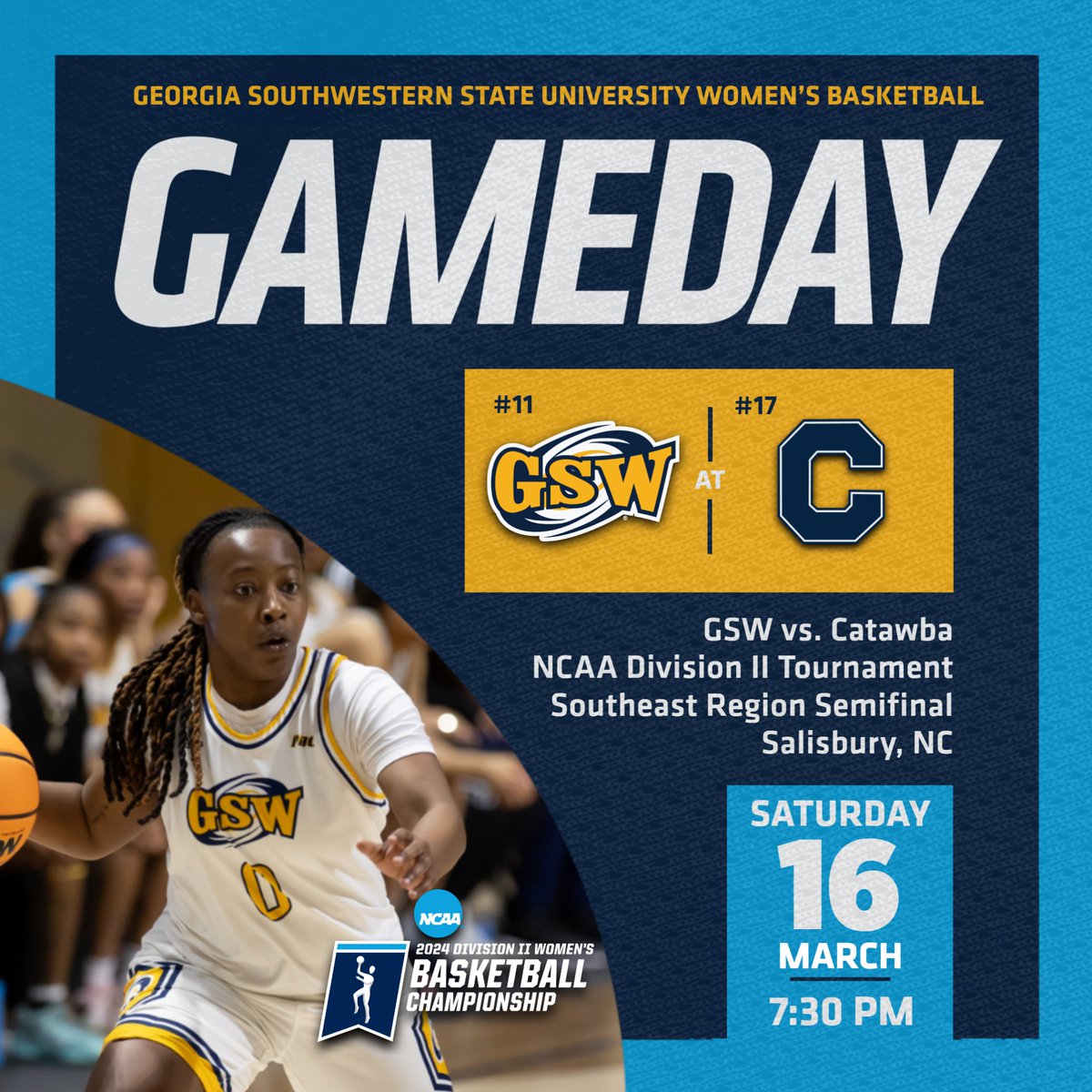Rematch of last year's regional final! 🥊 Catawba has a 34-game home winning streak. 𝐒𝐥𝐚𝐲 𝐭𝐡𝐞 𝐛𝐞𝐚𝐬𝐭 <a href="/GSW_WBasketball/">GSW WBasketball</a> 🗡️

🏀 ON THE ROAD
🏆 NCAA DII Tourney - SE Regional
🆚 Catawba
📍 Salisbury, NC
🕢 7:30 p.m.
📊 gswcanes.com/sports/wbkb/20…
📺 ($) pbcsportsnetwork.com/?B=1012872