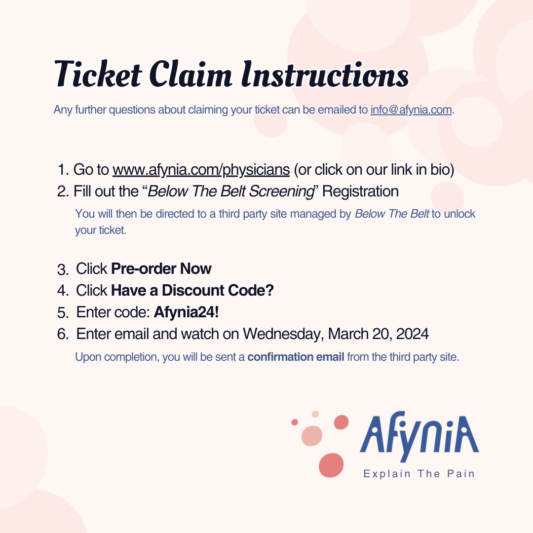 🎗 This Endometriosis Awareness Month, Afynia invites you to a Below The Belt screening on Wednesday March 20, 2024.

🎥 Claim your tickets on afynia.com/physicians (link in bio) by following our instructions!

#Endometriosis #EndometriosisAwarenessMonth #BelowTheBelt