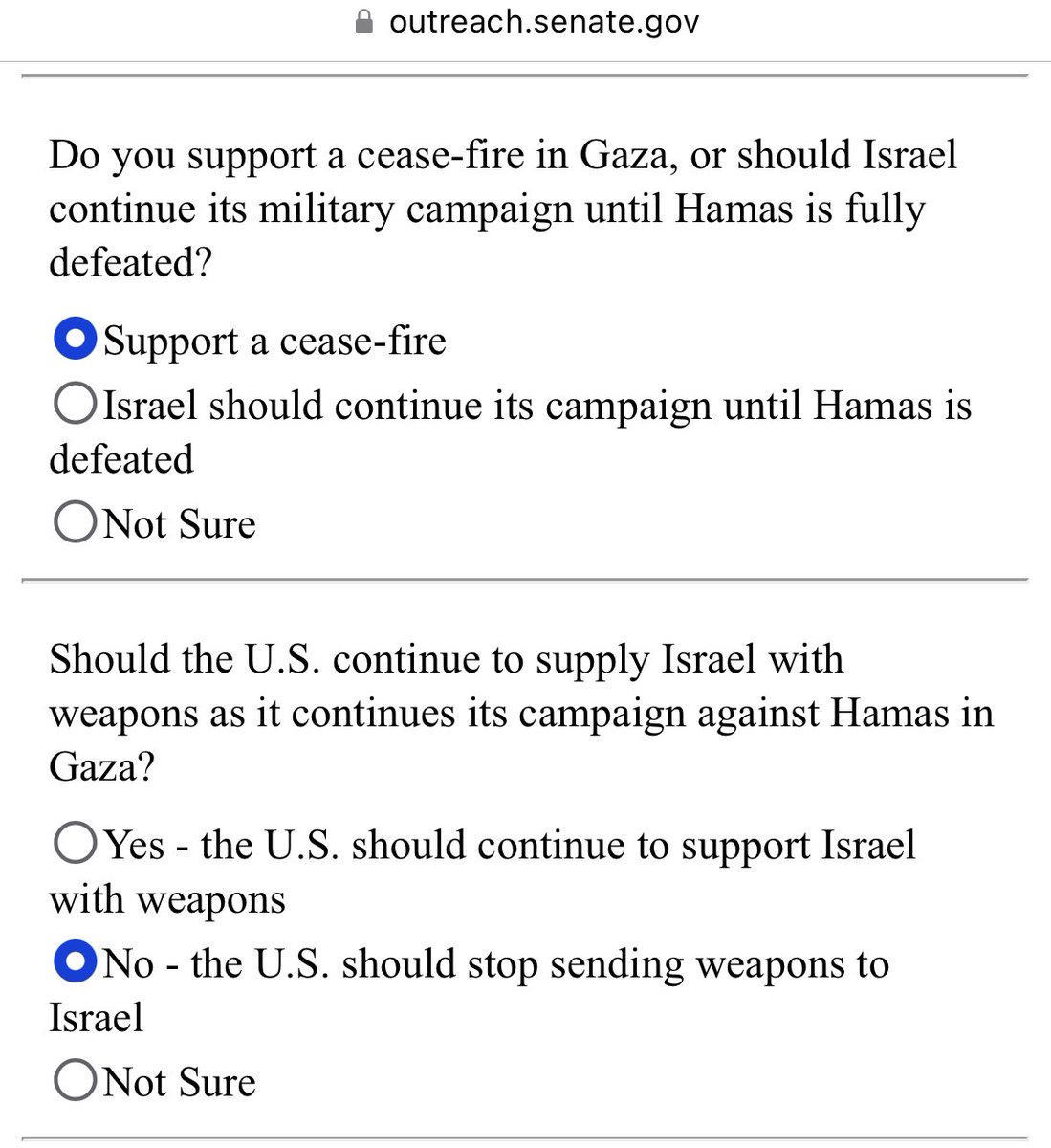 There is a survey for US citizens from the senate, ask for a ceasefire now: outreach.senate.gov/iqextranet/Esu…