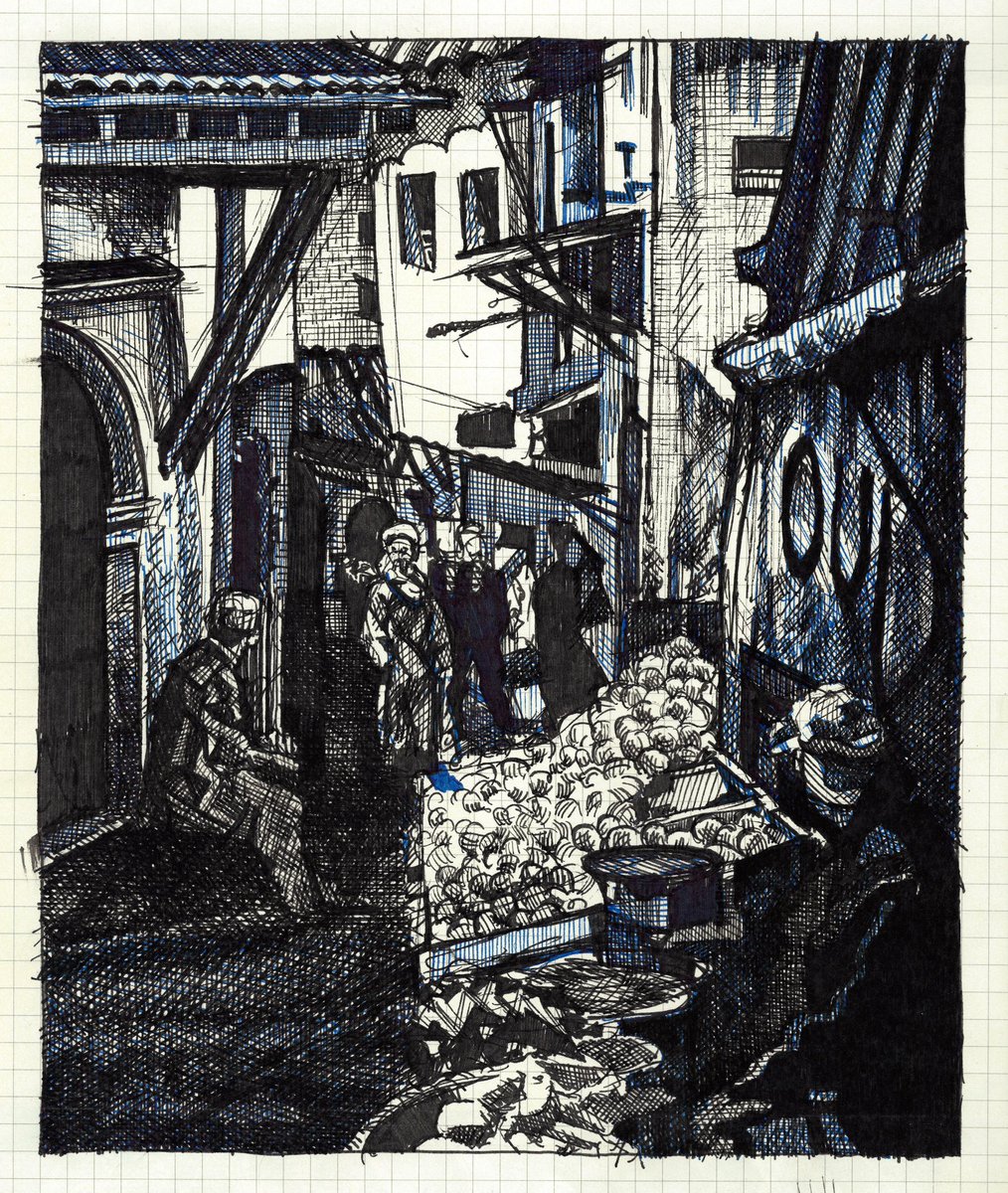 Casbah Market - Blue and Black Ink on Strathmore 500 Series Bristol; 14”x19”. #ink #penandink #ballpointpen #illustration #illustrationartists #Comics