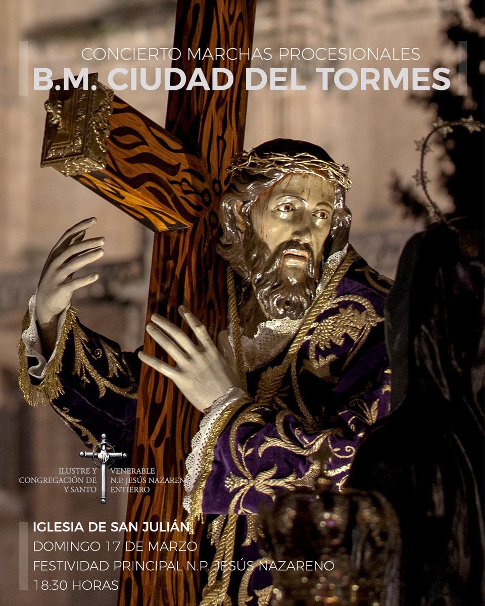 Mañana dia 17 a las 18:30 horas tendrá lugar en la iglesia de San Julián el concierto de marchas procesionales de la BM Ciudad del Tormes, que nos acompaña la tarde del Viernes Santo.

Con este concierto finalizará la festividad principal de la Congregación.

Os esperamos a todos