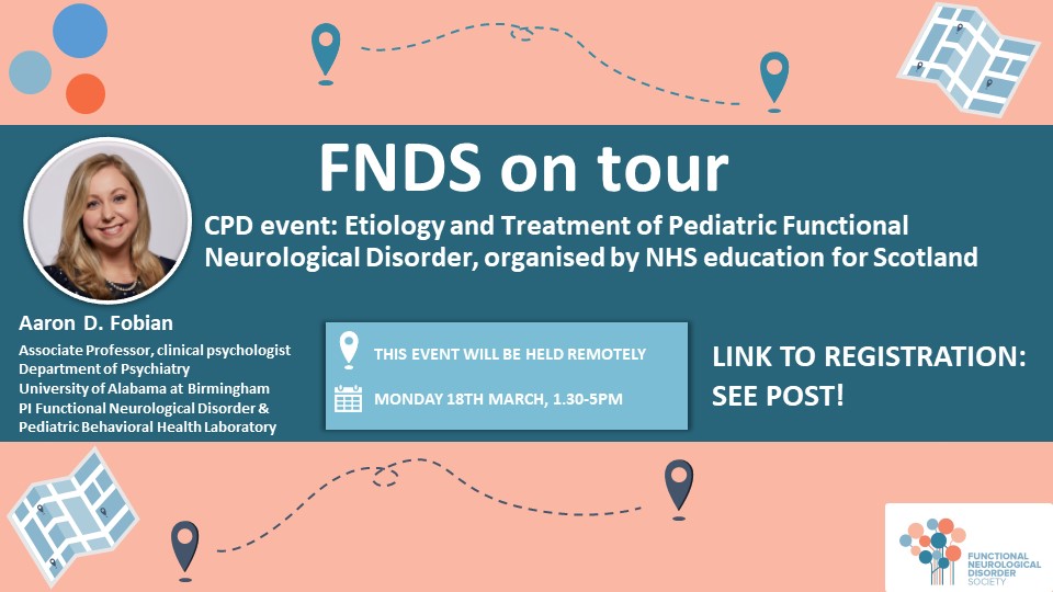 Functional Neurological Disorder Society (@fndsociety) on Twitter photo 📢FNDS On Tour🌐
NHS Education for Scotland is organising a CPD event on: Etiology & Treatment of Pediatric FND! This will be delivered 🗣 by <a href="/DrAaronFobian/">Aaron Fobian, PhD</a>, Associate Professor & clinical psychologist in the Department of Psychiatry at the University of Alabama at Birmingham 🧵 📢FNDS On Tour🌐
NHS Education for Scotland is organising a CPD event on: Etiology & Treatment of Pediatric FND! This will be delivered 🗣 by <a href="/DrAaronFobian/">Aaron Fobian, PhD</a>, Associate Professor & clinical psychologist in the Department of Psychiatry at the University of Alabama at Birmingham 🧵