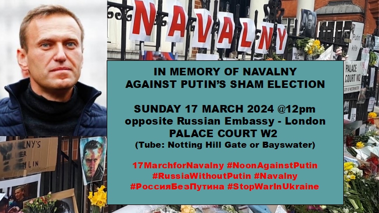 Emymuzzi's tweet photo. SUNDAY 17 MARCH @12pm - RUSSIAN EMBASSY IN LONDON: Gathering against Putin's sham elections as @Navalny wanted #NoonAgainstPutin #StandWithUkraine #StopWarinUkraine #17MarchforNavalny #ПолденьПротивПутина #RussiaWithoutPutin #Navalny #London https://t.co/jCwjbk4zUc