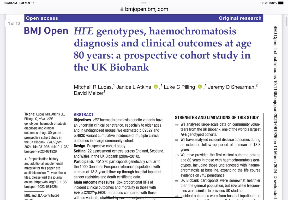 A @uk_biobank study shows that males and females with C282Y homozygosity in the HFE gene have excess morbidity and mortality including those with undiagnosed hemochromatosis. What are implications for clinical practice and population screening ? #tier1 bmjopen.bmj.com/content/14/3/e…