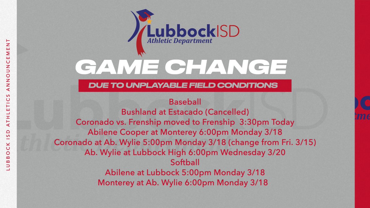 @AthleticsLISD GAME CHANGES ALERT 3/16 Early morning rain has caused unplayable field conditions for the following games. Games have been cancelled or postponed. Please note the following Varsity Baseball & Softball changes in the graphic below. @LubbockISD