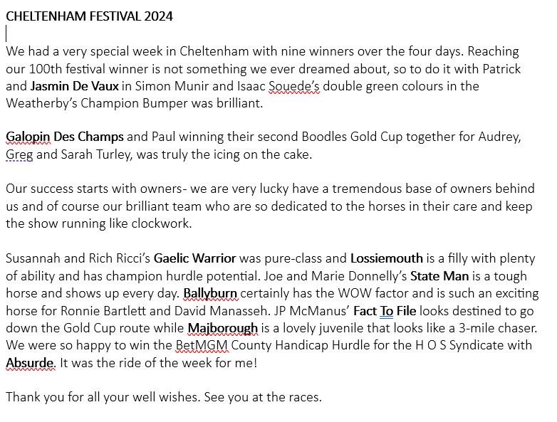 Here are my thoughts on our special week in Cheltenham. Thank you for all the kind words.