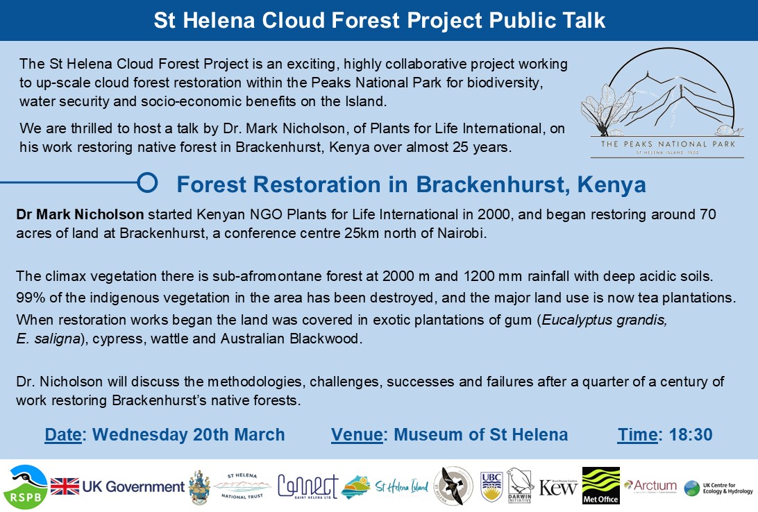 StHelenaPeaksNP's tweet image. Fascinating public talk coming up on Wednesday evening at the @StHelenaMuseum when Dr Mark Nicholson of @Plants_Int will give incredible insights into a quarter century of work restoring #nativeforest in Brackenhurst, Kenya 🇰🇪🌳 See you there at 6.30pm! 🕡