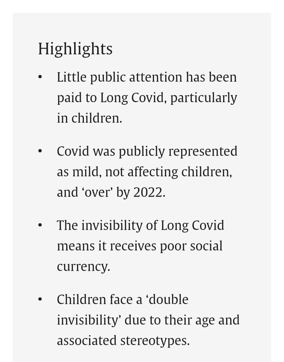 ❗️'Children and adolescents with Long Covid struggled to signal the severity of their condition and elicit care in the manner expected for other debilitating illnesses.'🔥
#LongCovidAwarenessDay  
➡️ #Children deserve protection😡
sciencedirect.com/science/articl…
