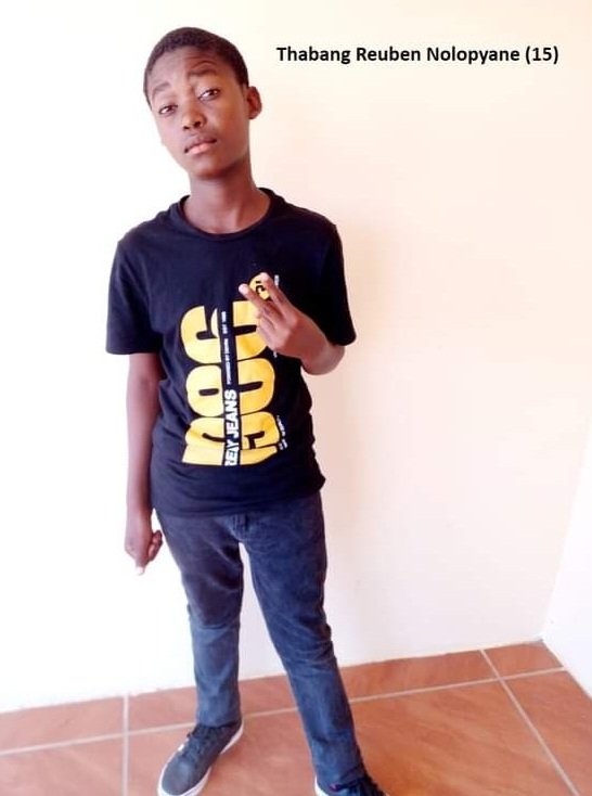 Thabang Reuben Nolopyane (15), from Lerulang Section in Rabokala Village, near Letlhabile. He was last seen on 10 March 2024. At the time of his disappearance, he was wearing black jeans, a blue shirt and push-in sandals. 
Any info contact  W/O Clifford Mokone,  079 881 9940