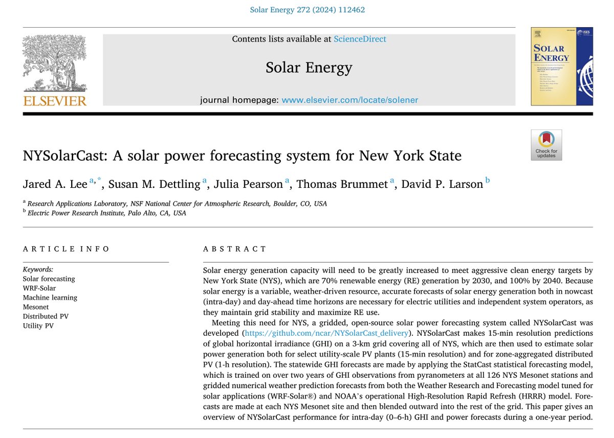 This is a great way to start the weekend: An article of mine was just published! It's "NYSolarCast: A solar power forecasting system for New York State," in the journal Solar Energy.
Download for free through 5 May 2024: authors.elsevier.com/a/1imOw,tRdSOWV
Permalink: doi.org/10.1016/j.sole…