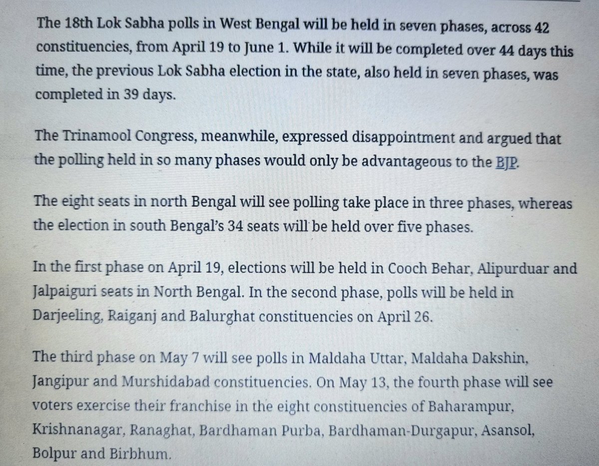 JayaDuttaAITC's tweet photo. .#TMC requested 2 Phase but @ECISVEEP decided poll in 7 Phases to help #Modiji to bring outsiders by Train in #WestBengal. Discrimination found here 👉 
-North Bengal 8 Seats-3 Phase
-Rests 34 Bengal Seats-4 Phase

#VoteForTMC
#SaveDemocracy #ModiAutocracy
#NoVoteToJBP
@FAM4TMC https://t.co/YydQE9Esjl