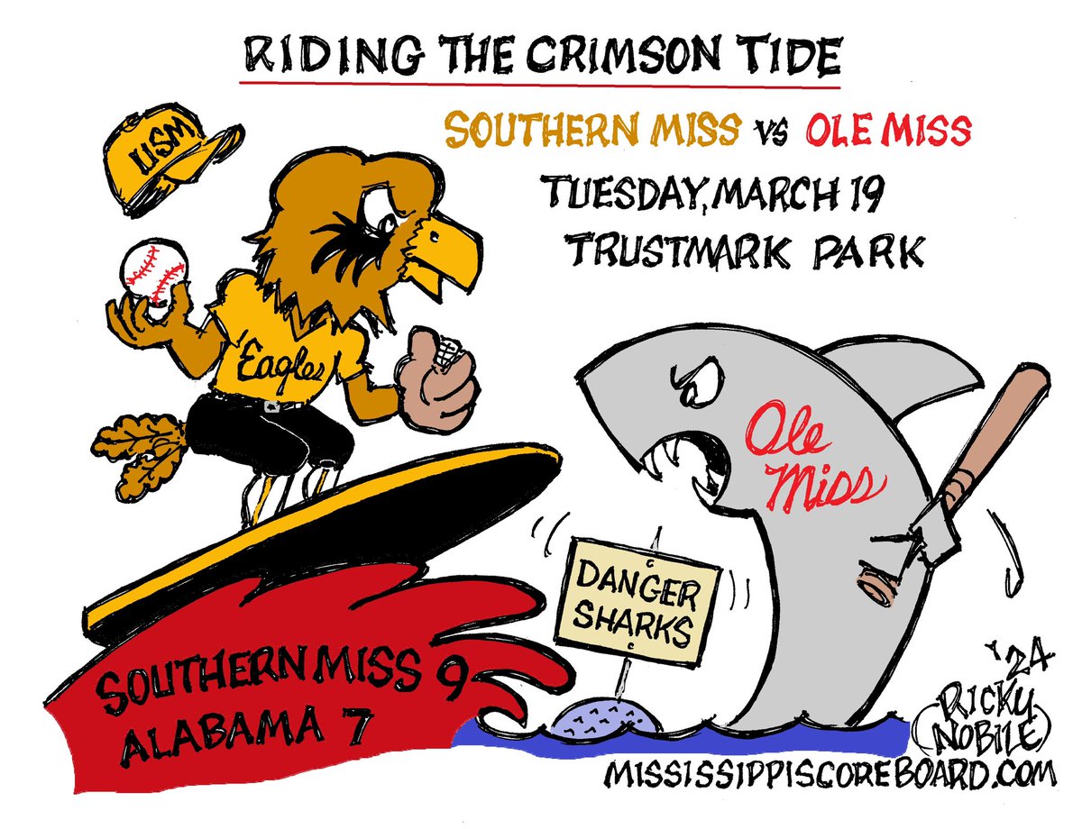 This week’s cartoon by Ricky Nobile

#MississippiBaseball #HottyToddy #SMTTT @OleMissBSB @SouthernMissBSB