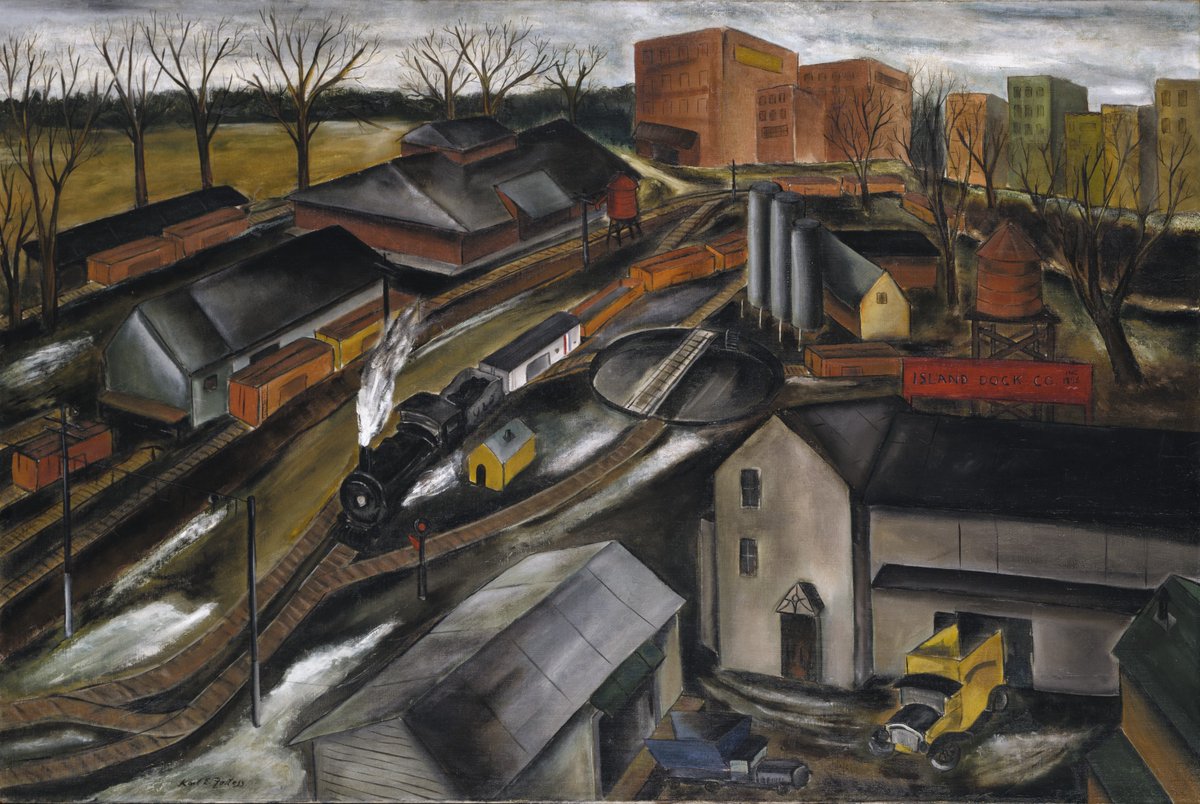 'Island Dock Yard,' Karl Fortess, New Deal's Public Works of Art Project, 1934 (Smithsonian). Fortess was born in 1907, was an artillery sergeant in WW2, fought at Normandy on D-Day, taught at Boston Univ. for 22 years, & died in 1993 (Poughkeepsie Journal, 7-14-93, p 2B). #art
