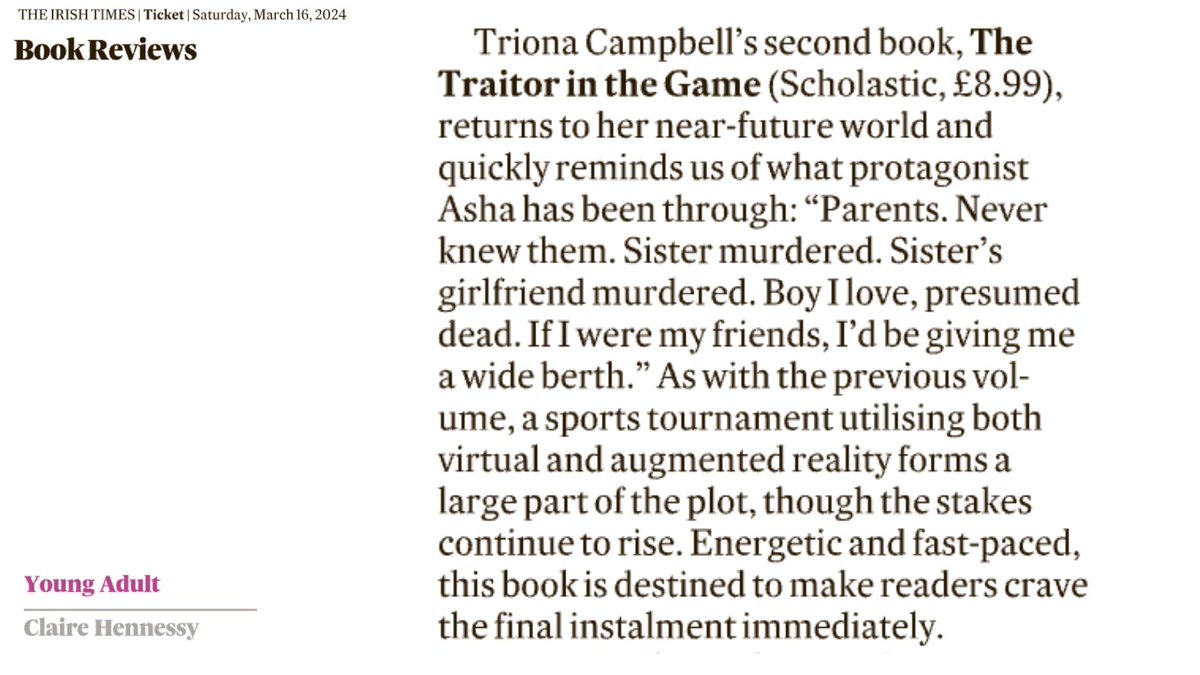 Triona Campbell: Mainly Updates only (@triona_campbell) on Twitter photo ๐ #ThankYou <a href="/chennessybooks/">Claire Hennessy</a> <a href="/IrishTimesBooks/">Irish Times Books</a> <a href="/IrishTimesCultr/">Irish Times Culture</a> for today's review of #TheTraitorInTheGame ๐๐๐ - it really means so much to me #DiscoverIrishYA ๐ #ThankYou <a href="/chennessybooks/">Claire Hennessy</a> <a href="/IrishTimesBooks/">Irish Times Books</a> <a href="/IrishTimesCultr/">Irish Times Culture</a> for today's review of #TheTraitorInTheGame ๐๐๐ - it really means so much to me #DiscoverIrishYA
