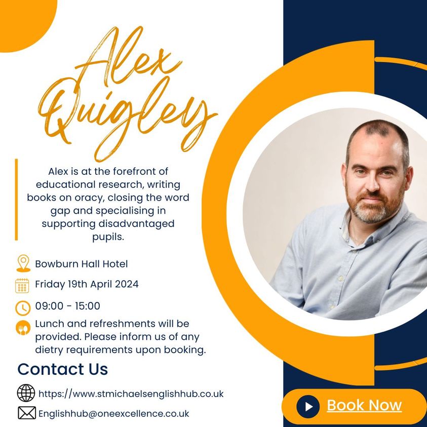 One Excellence English Hub (@oneexcellenceeh) on Twitter photo We can't wait to welcome <a href="/AlexJQuigley/">Alex Quigley</a> to our English Hub. This is a FREE face to face event on 19th April at Bowburn Hall. Places are limited.
Click the link below to secure your place.
bookwhen.com/stmichaelsengl… We can't wait to welcome <a href="/AlexJQuigley/">Alex Quigley</a> to our English Hub. This is a FREE face to face event on 19th April at Bowburn Hall. Places are limited.
Click the link below to secure your place.
bookwhen.com/stmichaelsengl…