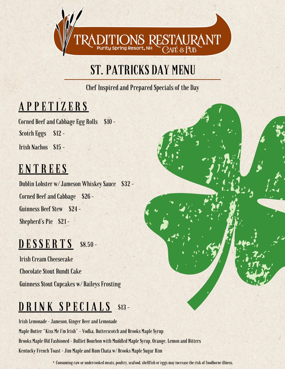 Don't forget that Traditions is open for St. Patrick's Day tomorrow from 4:00pm - 8:00pm and will be featuring this fantastic menu! #StPatricksDay #SpecialMenu #March17 #Slainté #LuckyDay🍀🍽️🍺🥚👇