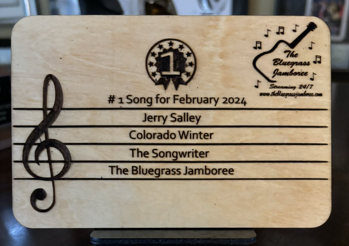 THANK YOU to The Bluegrass Jamboree and to all of the wonderful radio friends there. Colorado Winter was #1 on The Bluegrass Jamboree for the month of February 2024!! Great start to the new year! They sent me this beautifully etched #1 Plaque! Thank you again friends!