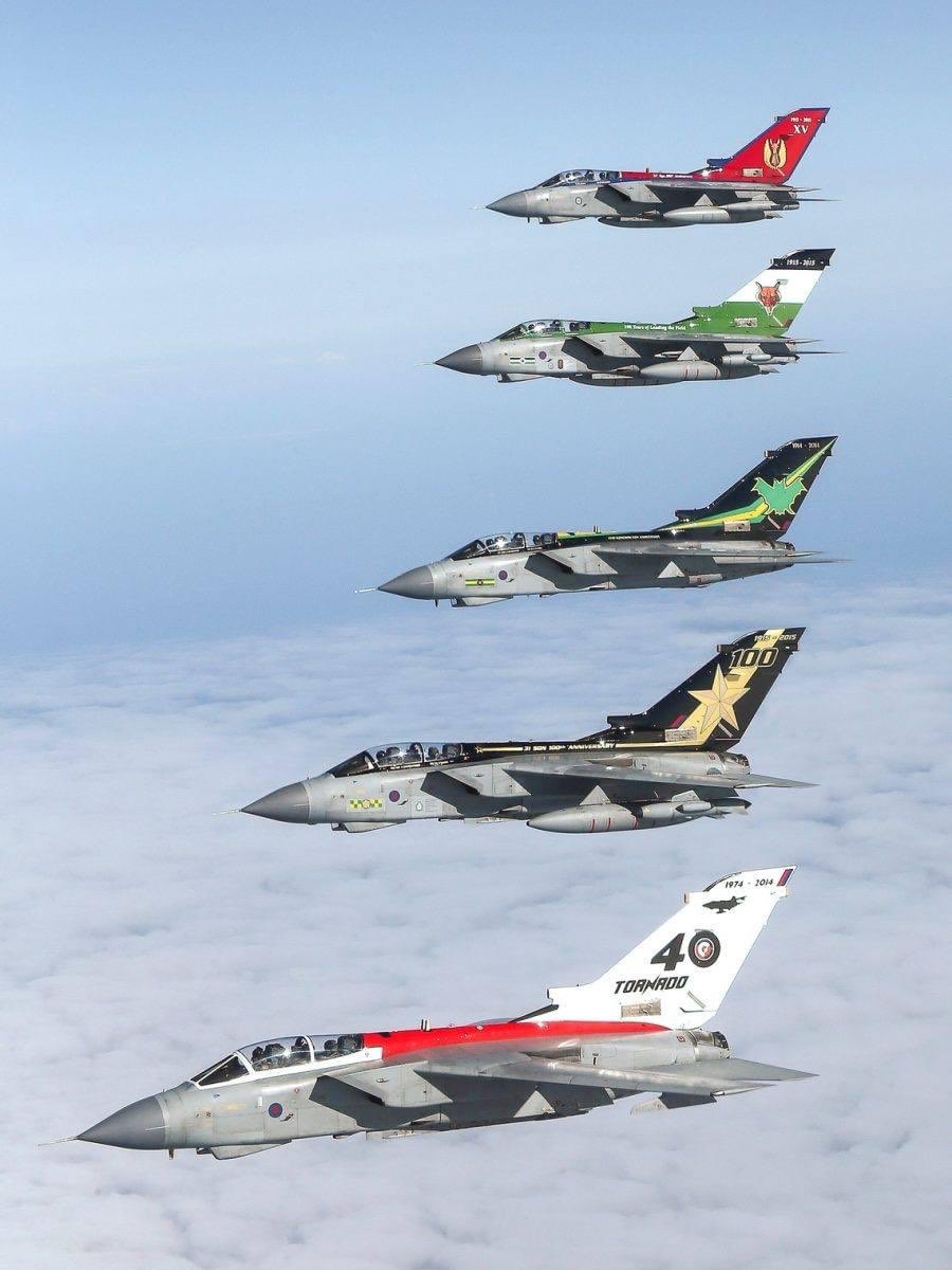 Five Tornado GR4 aircraft displaying commemorative paint scheme tail-art. The Tornado Squadrons were based at RAF Marham and RAF Lossiemouth.
   credit British Heritage aircraft