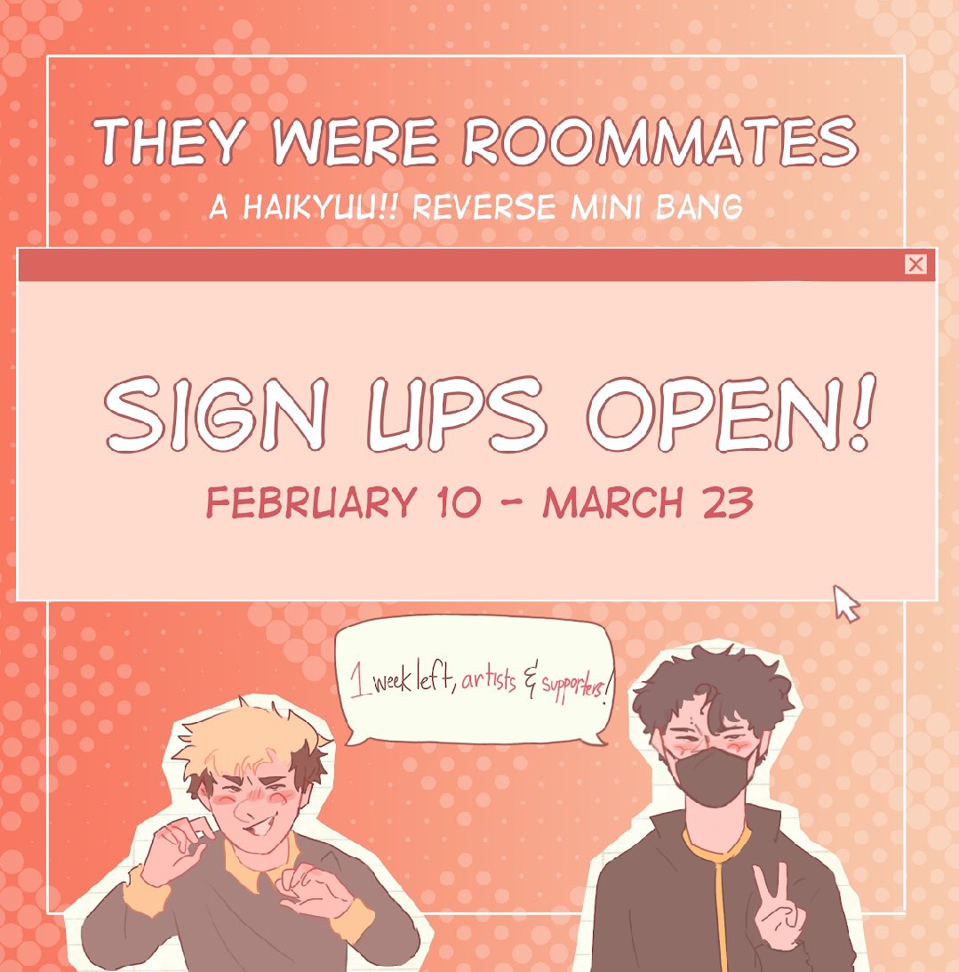 artists and betas, you both have one week left to apply for housing! make sure you get your signups in by March 23rd for the They Were Roommates Mini Bang!

Artists: forms.gle/sBdRDxReFpDVjX…
Beta &amp; Pinch Hitter: forms.gle/YUbcYg6tdikXuM…