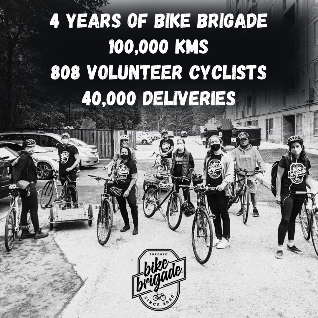 The Brigade was formed 4 years ago today, as the 1st lockdown set in. We continue to ride each day in great numbers to support incredible community orgs & our neighbours in need. We thank each & every one of you bad ass people on bikes. Join us: bikebrigade.ca/get-involved