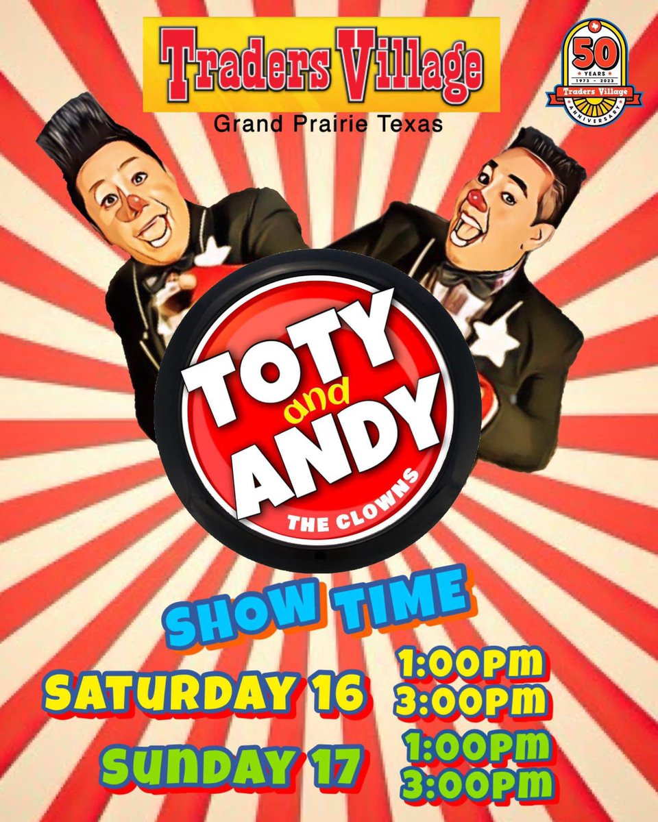 TradersVGP's tweet image. 🎪 Join @elshowdetotyyandy at @tradersvillage in Grand Prairie Saturday 3/16 and Sunday 3/17 by the food court 🎈

🎪 Disfruta del show de Toty y Andy en #TradersVillage de #GrandPrairie hoy sábado 16 de Marzo y mañana domingo 17 de Marzo enfrente del área de comida 🎈