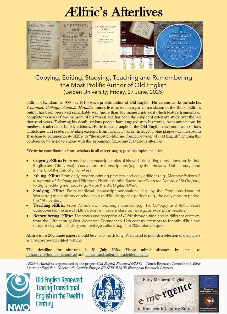 🎺We are organising a cool conference on everyone's favourite abbot! 🎺 Ælfric's Afterlives: Copying, Editing, Studying, Teaching and Remembering the Most Prolific Author of Old English (27 June, 2025) - please help share this CFP :)