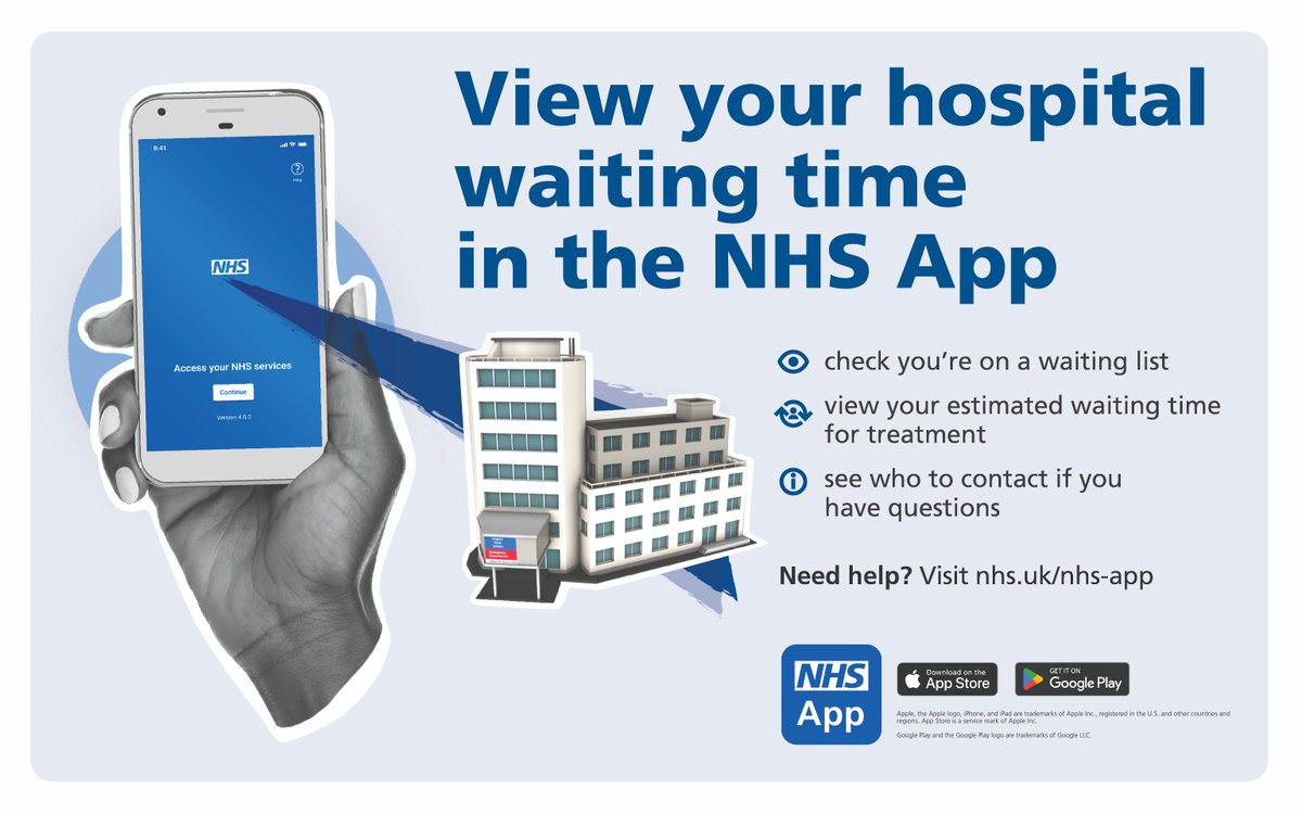 See your hospital appointments and view your estimated waiting time for treatment in the #NHSApp. 

Visit nhs.uk/nhs-app