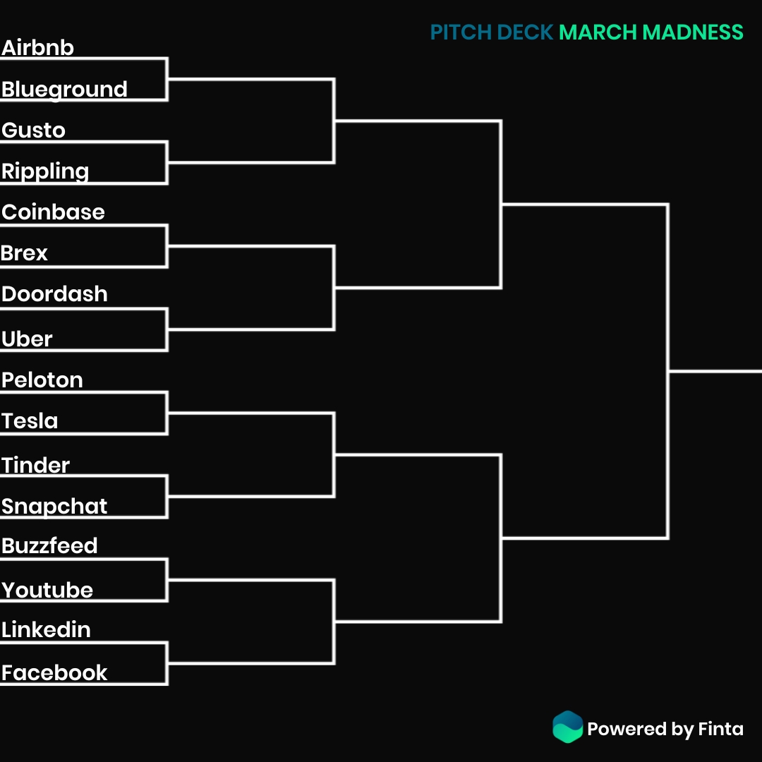 We're announcing Pitch Deck March Madness!  🏀

1. Fill out your bracket and tag us to enter.
2. Follow Finta to vote for your favorites! 

The winner gets one year of Finta Pro on us! 🚀 ✨